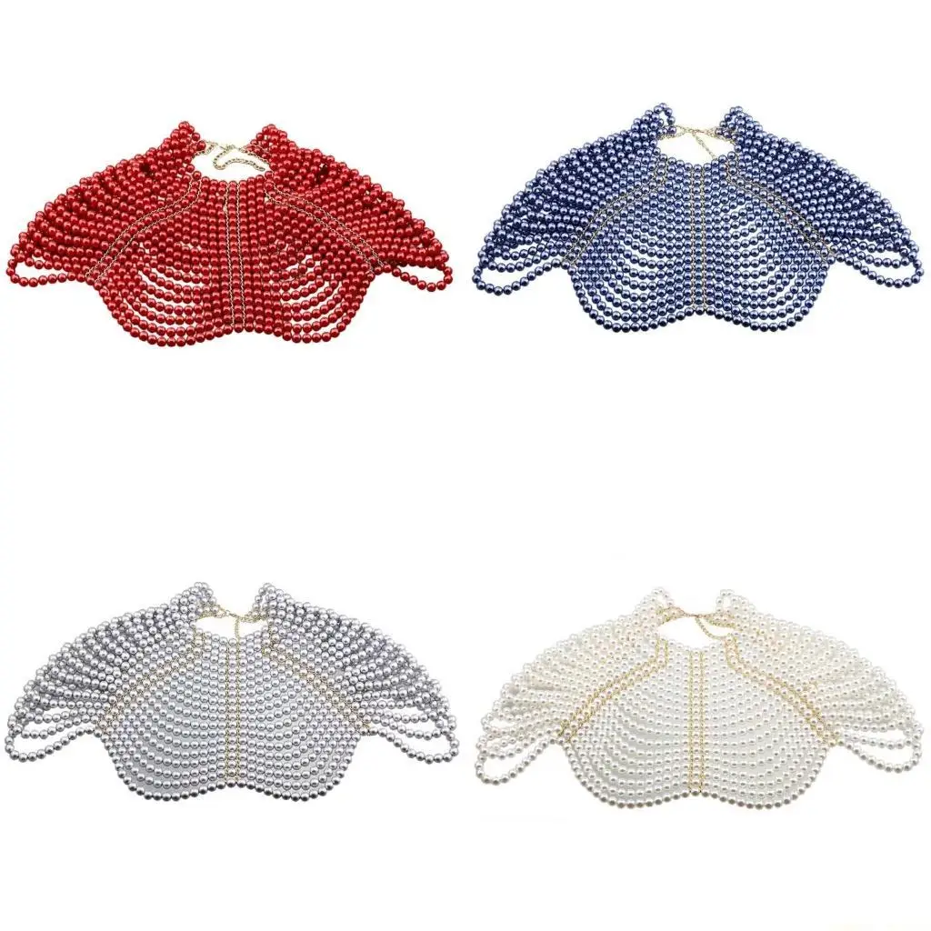 

31BF Exquisited Multi Layered Pearls Tassels Necklace Chest Chain For Evening Parties