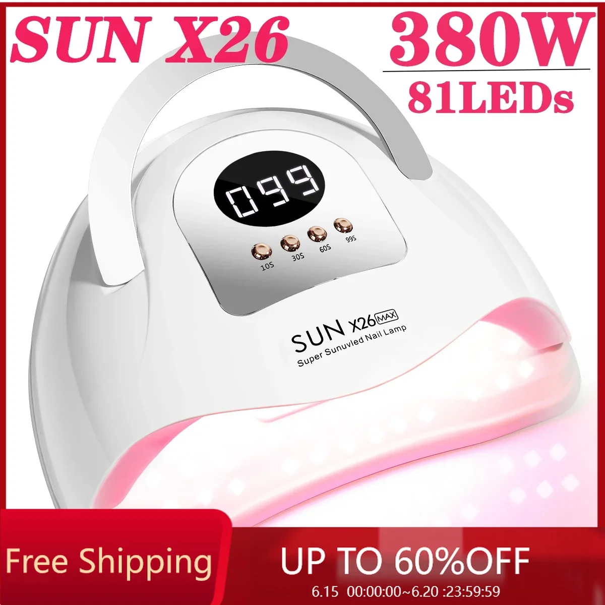 

UV Gel Nail Lamp 380W LED Nail Light Fast Dryer for Gel Polish Curing with 4 Timers Portable Handle Large Space Automatic Sensor