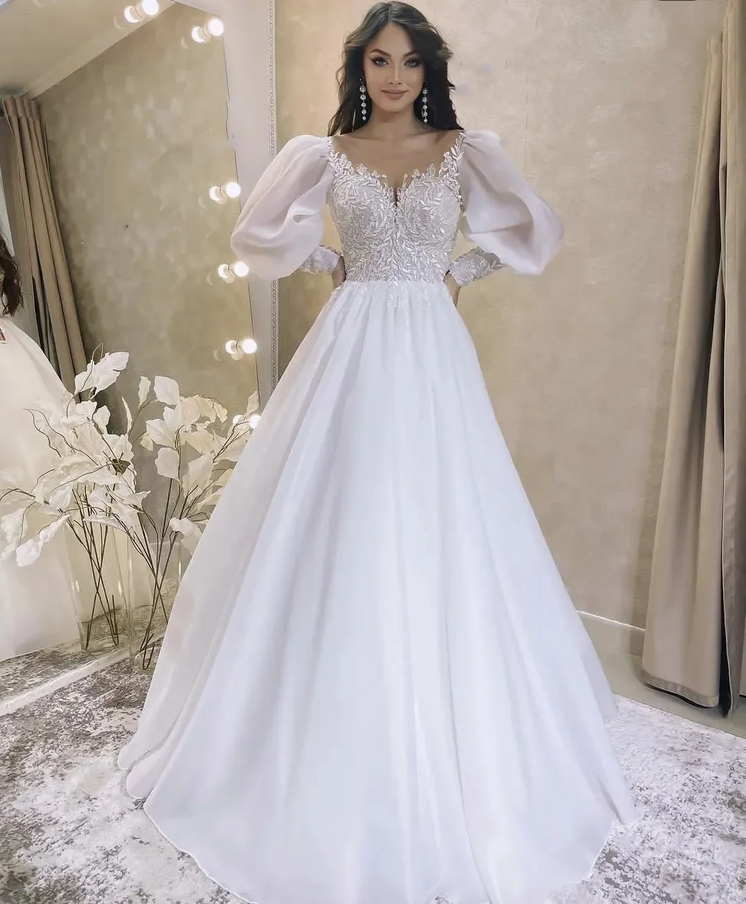 Vestido de novia de lujo para mujer, calcomanía con cuello en V, manga larga, acampanada, longitud hasta el suelo, elegante, simple, romántico, playa, fiesta nupcial