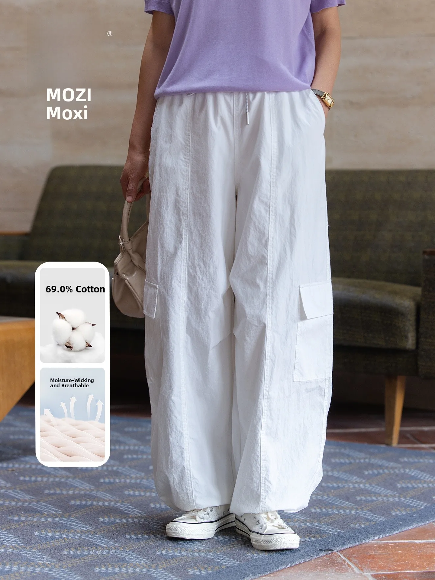 

Muzhi Mom Summer Thin Workwear Wide Leg Pants Elastic Waist Long Trousers Middle Aged And Elderly White Cotton Breathable Lig...