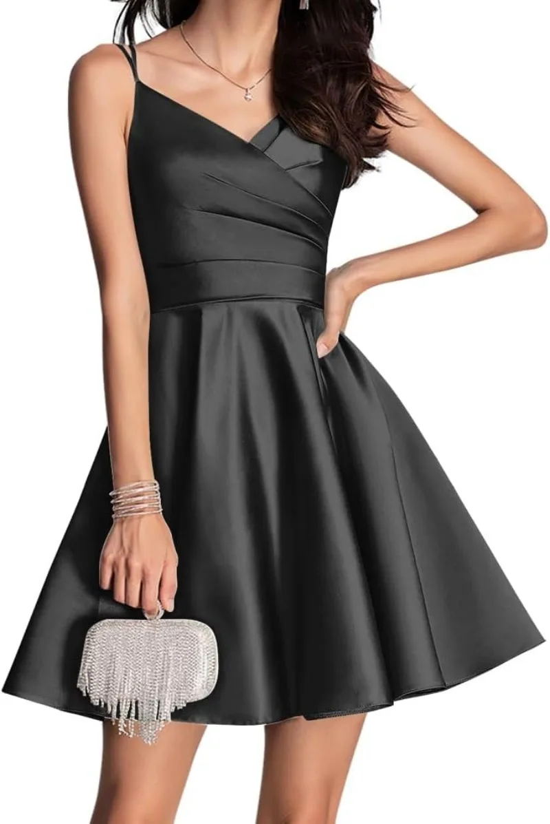 CustomizedSexy V-neck Sleeveless Homecoming Dress Elegant Solid Color Slim Waist Cocktail Dresses Satin A-line Vestidos De Noche