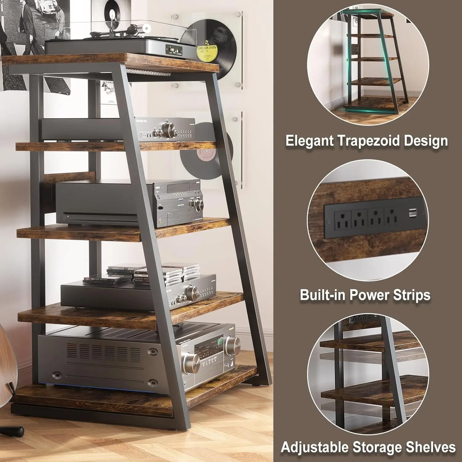 5-Tier AV Media Stand with Power Strips, Media Console with LED Lights, Audio Tower Rack with Adjustable Shelves, Stereo Stands