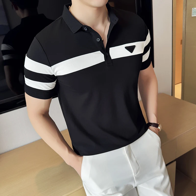 Business Casual Solid Color Men\'s Polo Shirt Summer Classic Men Short Sleeve V-neck T-shirt Slim Fit Spliced Polo 4XL-M