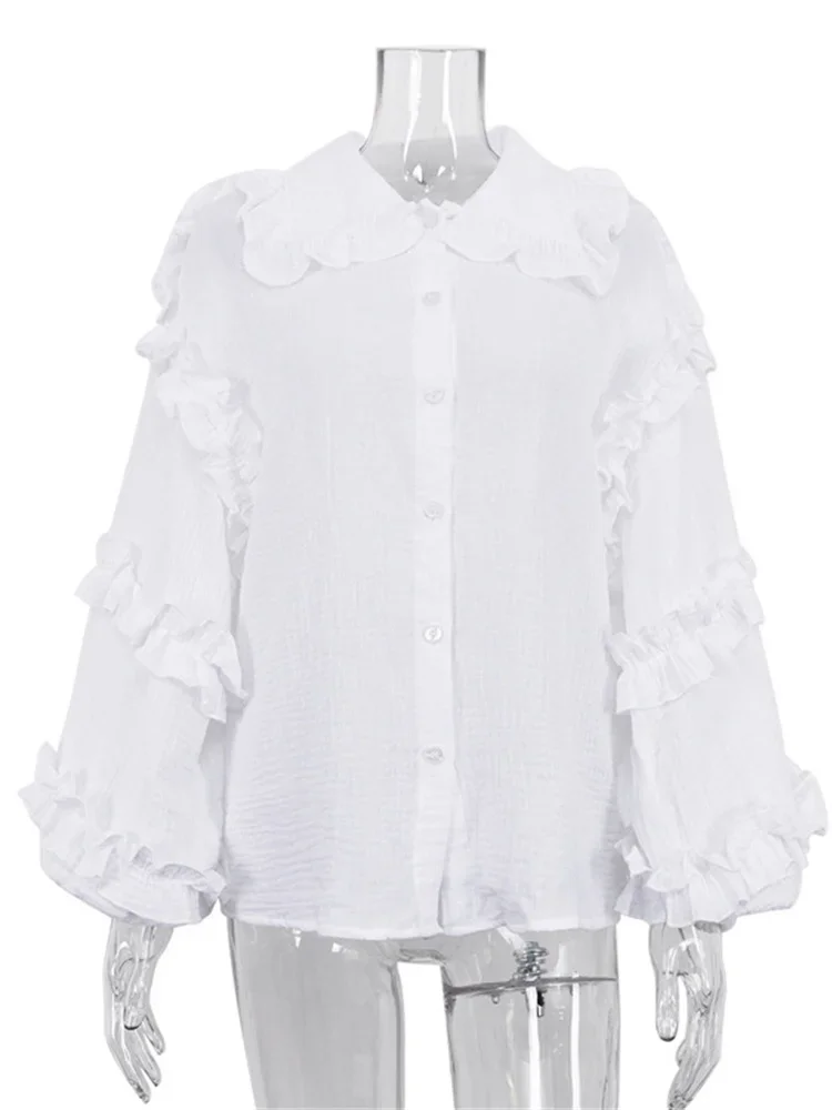 White Ruffled Casual Shirts For Women Fashion Patchwork Cardigan Lapel Long Sleeve Outwear Slim Ladies Shirts 2024 New