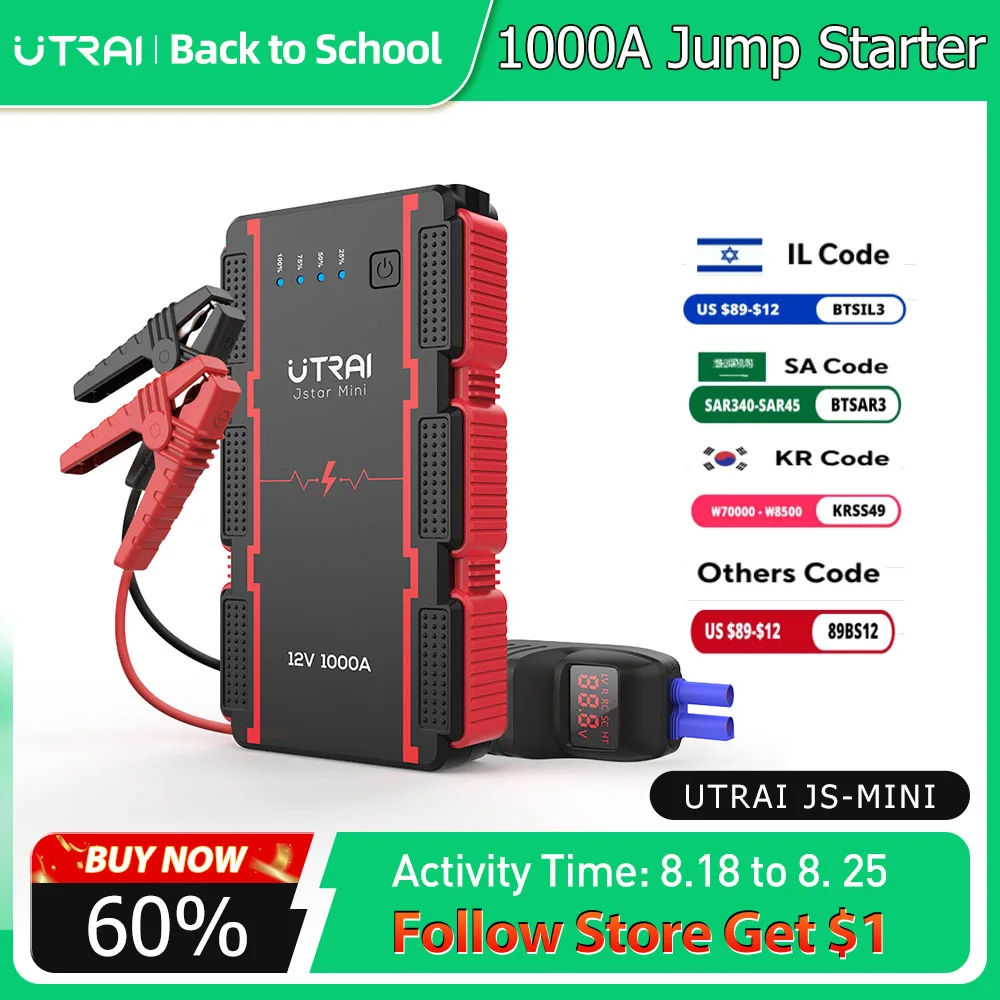 

UTRAI 1000A Car Jump Starter Power Bank Portable Emergency Starter Auto Car Battery Booster Mini Starting Device