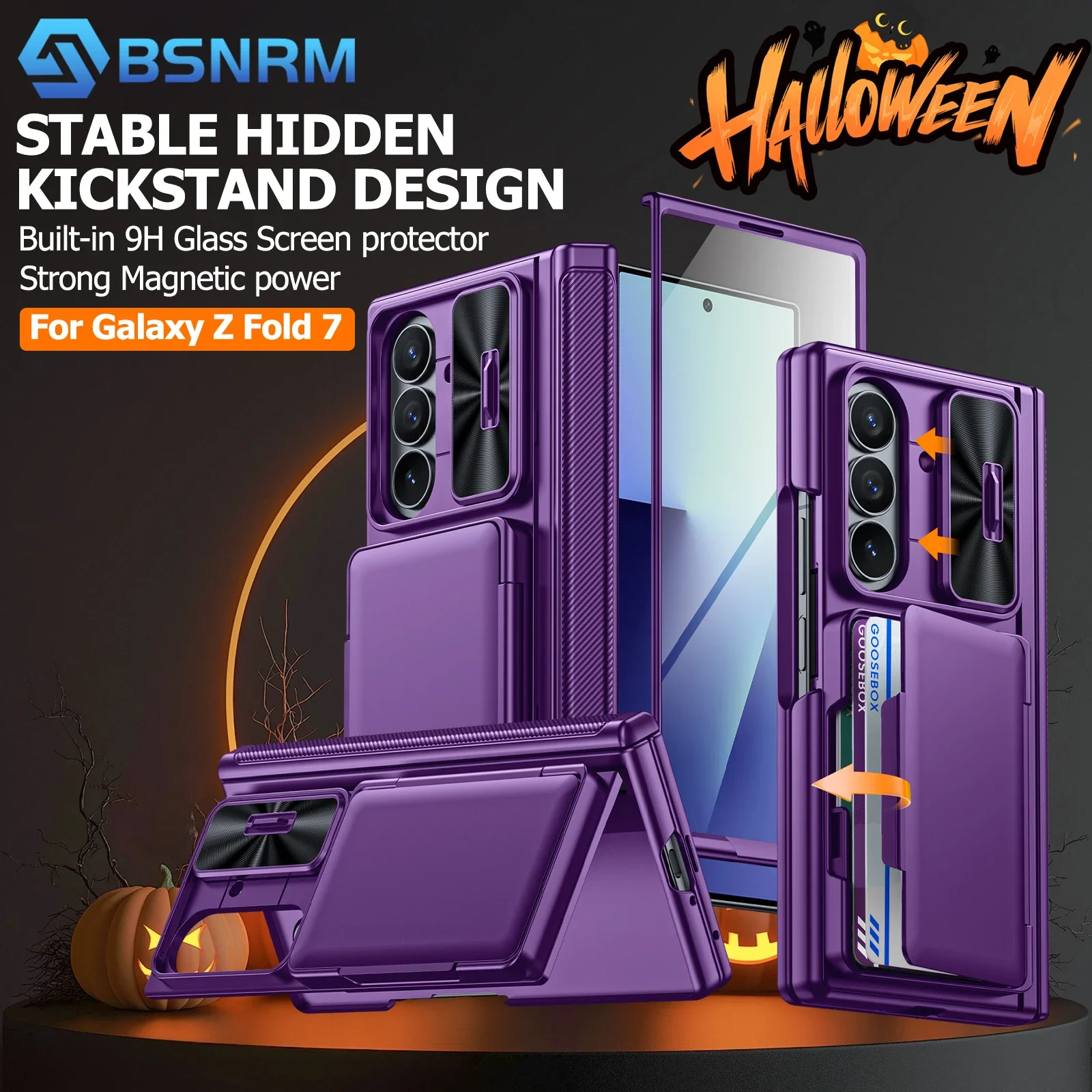 

Halloween Gifts,RFID Cards Holder,with bracket,Hinge protection,Camera Cover,Shockproof Case for Samsung Z Fold 7-Purple