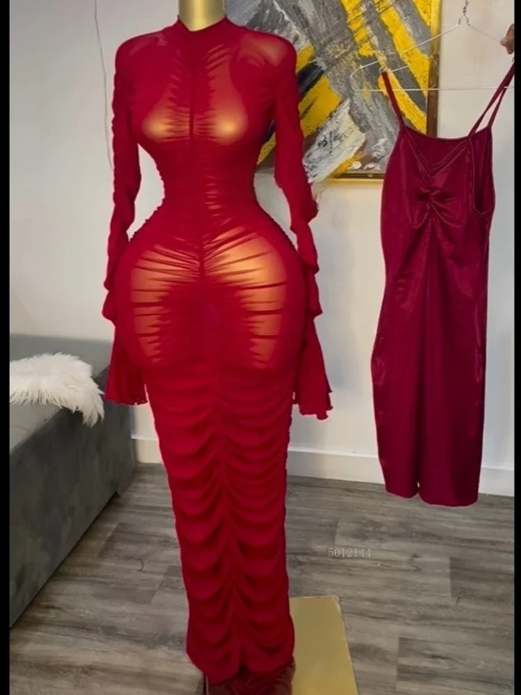 

Women's Flare Long Sleeve Maxi Dress Ruched Mesh See through Tank Top Stacked Birthday Party Sexy 2025