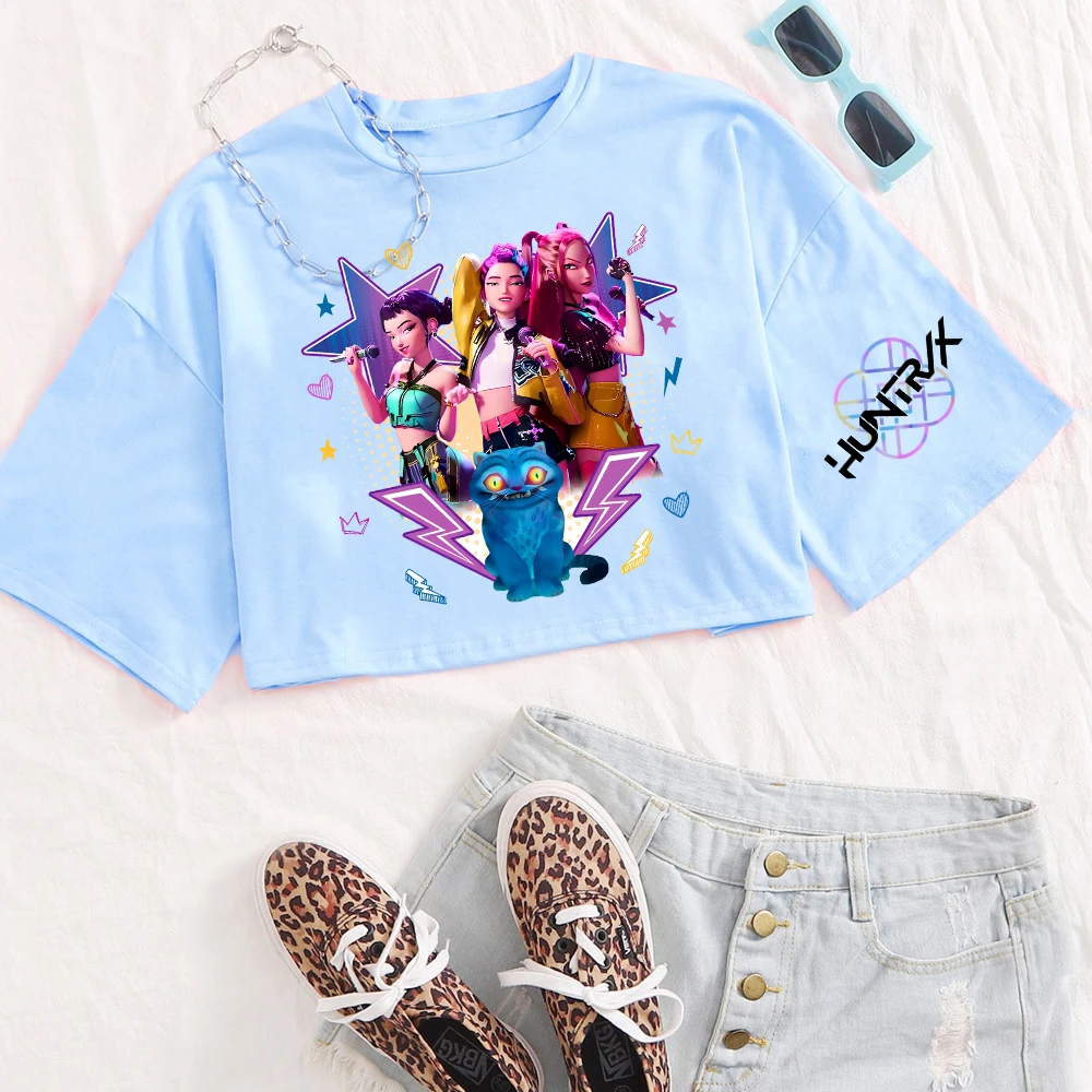 Kpop Demon Hunters Fanmerch Mira Rumi Zoey Huntrix Crop Tops regalo para fanáticos mujeres camisetas con cuello redondo