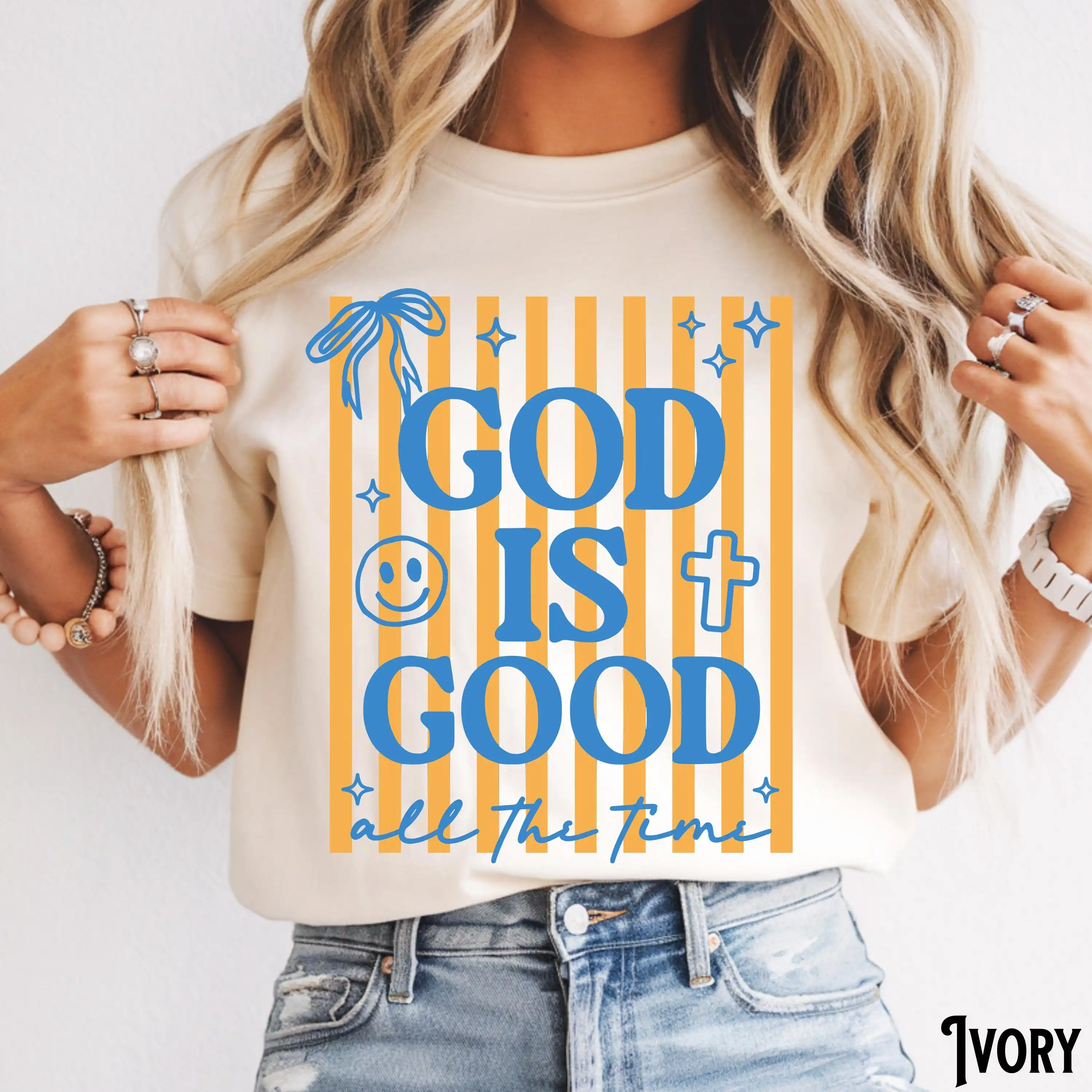 Christian T-Shirt, Unisex Tee, God Is Good All The Time, Stripe Tee, Coquette, Happy Face, Bible, Religious Gift Tee T-shirt