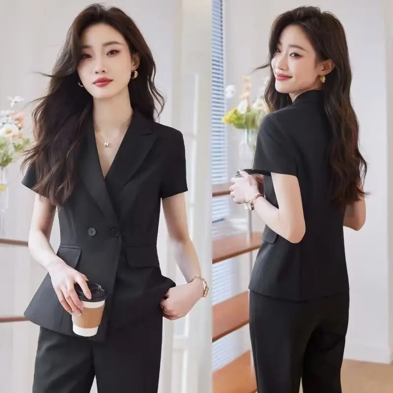 Women's Summer New Fashion Short-sleeved Suit Jacket Pants Matching Set Korean Elegant Thin Casual Blzers+Trousers Two-piece