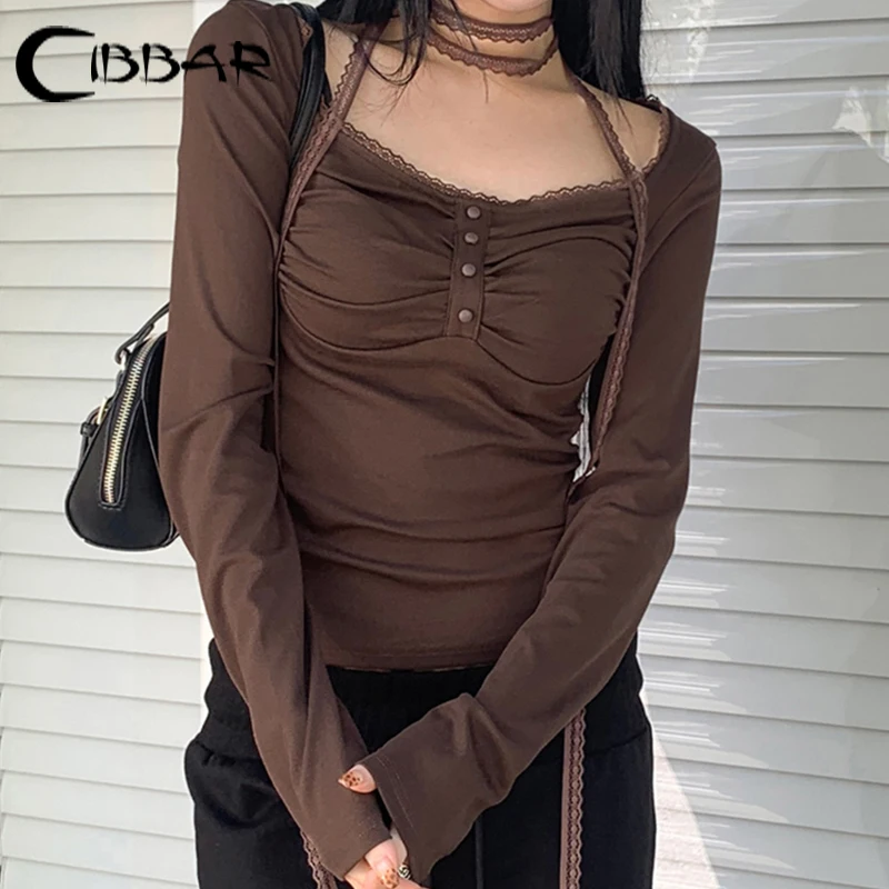 CIBBAR Brown Lace Stitching Square Collar T Shirt y2k Grunge Folds Skinny Cropped Top Women Casual Korean Fashion Tees Vintage