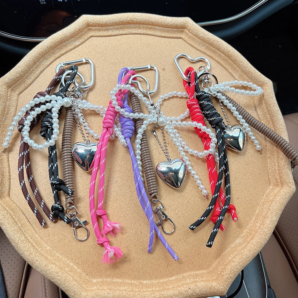 Colorful Hand Woven Ropes Korean Sweet Bowknot Keychain Bag Pendant Imitate Pearl Car Keyring Metal Heart Braided Strap