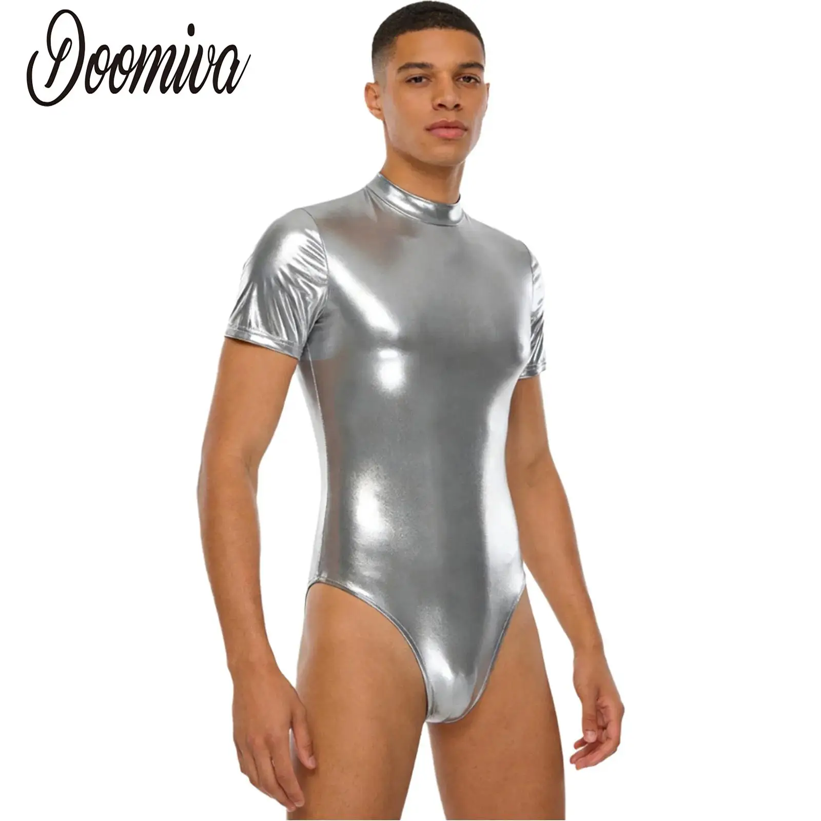 

Men Metallic Zipper Ballet Pole Dance Bodysuit Shiny Short Sleeve Mock Neck Bodycon Leotard for Nightclub Jazz Raves Dance Party