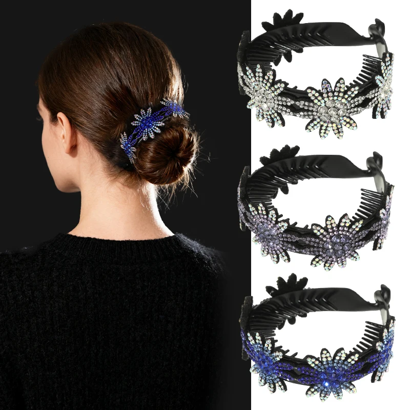 AWAYTR 패션 크리스탈 플라워 헤어핀 번 헤어 클립 포니테일 버클 헤어 클립 확장형 헤어 액세서리 여성용 바레트