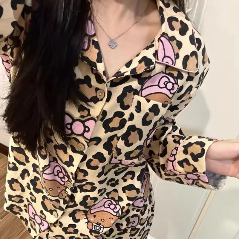 

Sanrio Hello Kitty Sweet Leopard Print Sleepwear Women Autumn Winter Thickened Trend Home Suit Set Korean Version Casual Pajamas