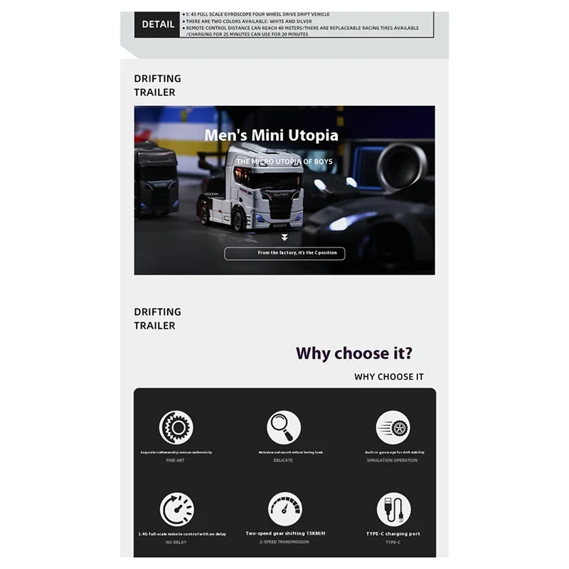 Caminhão Trator de Liga Leve BEDW-Car Head 1/43 RC com Luz, Giroscópio, Som e Reboque de Engenharia