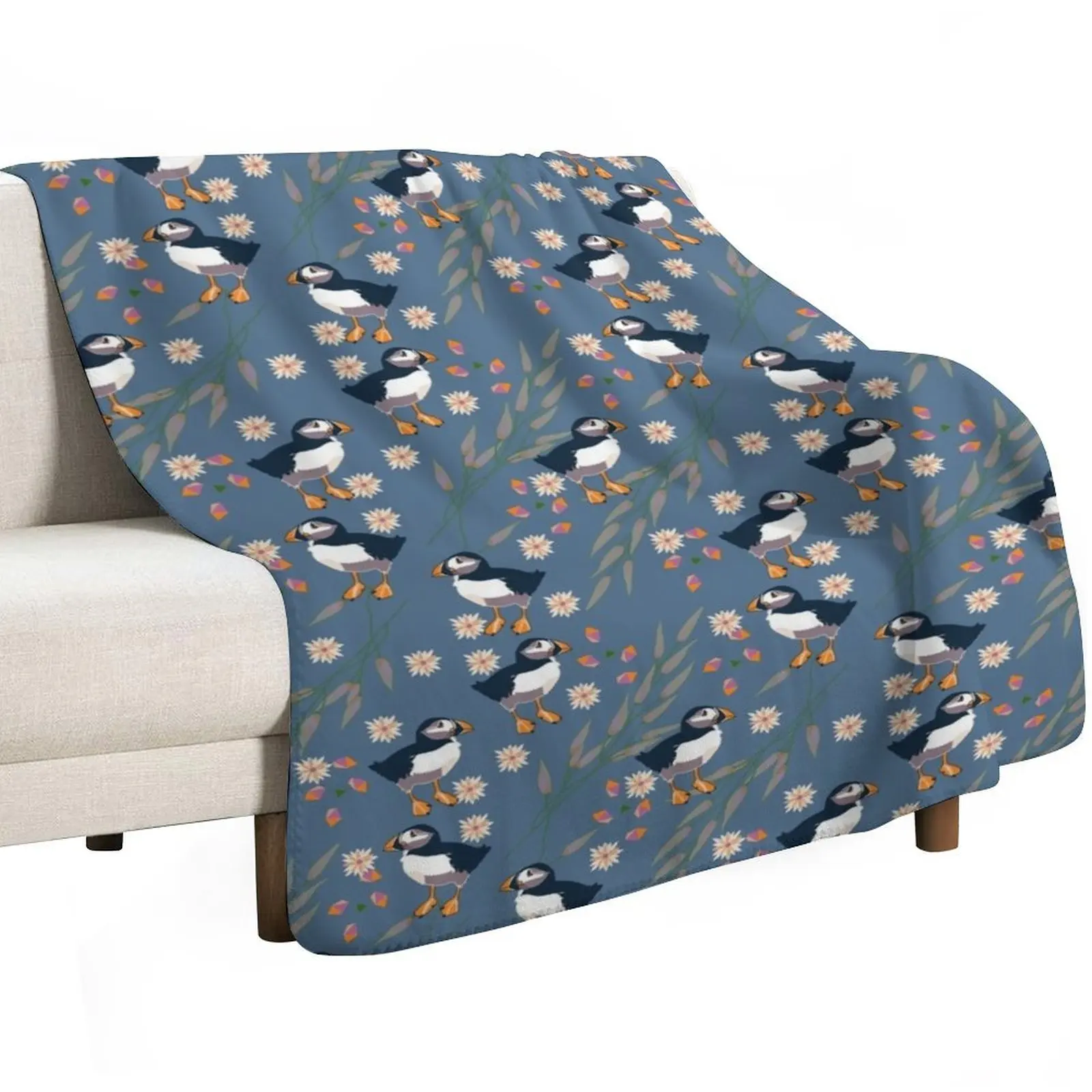 Exotic Animals Collection - Puffins on Blue Throw Blanket Giant Sofa Sofa Flannels Thin Single Custom Blankets