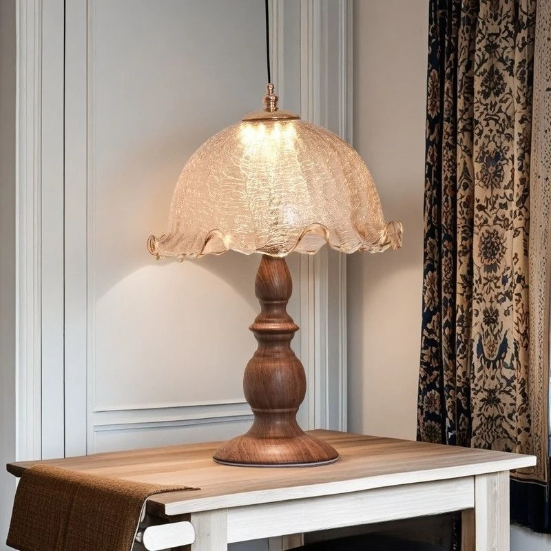 American Wooden Roman Column LED Table Lamps Crack Flower Shape Glass Lampshade Living Room Bedroom Study Restaurant Desk Lights