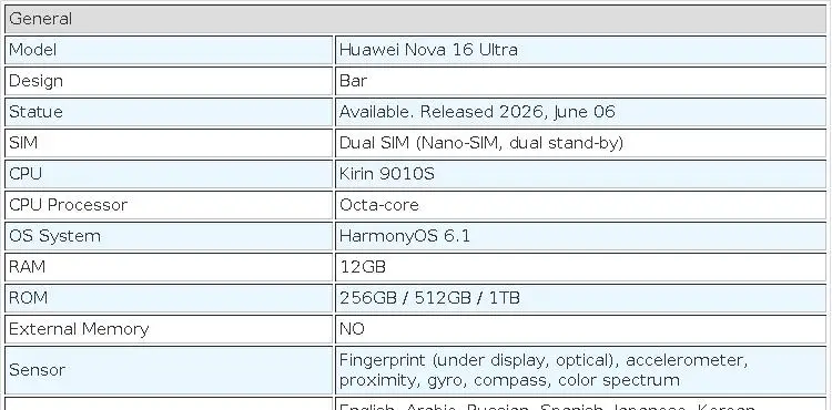Original Huawei Nova 16 Ultra Mobile Phone 6.84" 120Hz Display Kirin 9010S HarmonyOS 6.1 Camera 200MP Battery 7000mAh Smartphone
