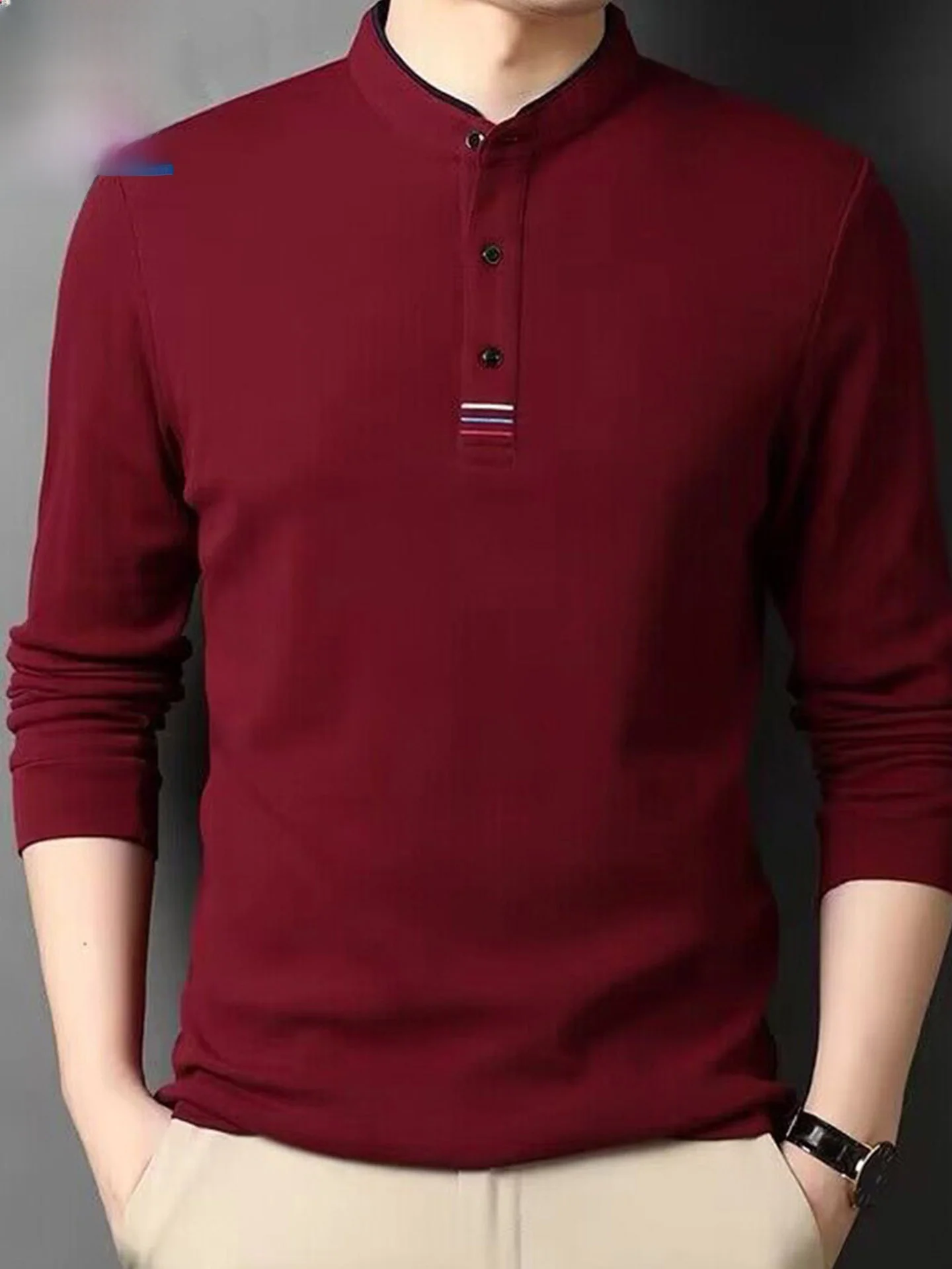 

Футболка-поло из 100% хлопка с длинным рукавом, воротником-стойкой, повседневная, весенне-осенняя, для мужчин среднего возраста, модная, дышащая, деловая