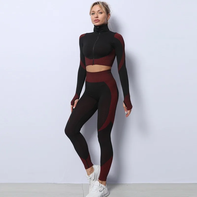 UFO019 Damen 3-Teiliges Yoga Set Color-Blocking Langarm Top Stoßfester Sport-BH Fitness