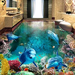 3D Underwater World Dolphin Wallpaper, Pintura de piso personalizado, Mural Photo Wallpaper, Sala de estar e banheiro, PVC impermeável