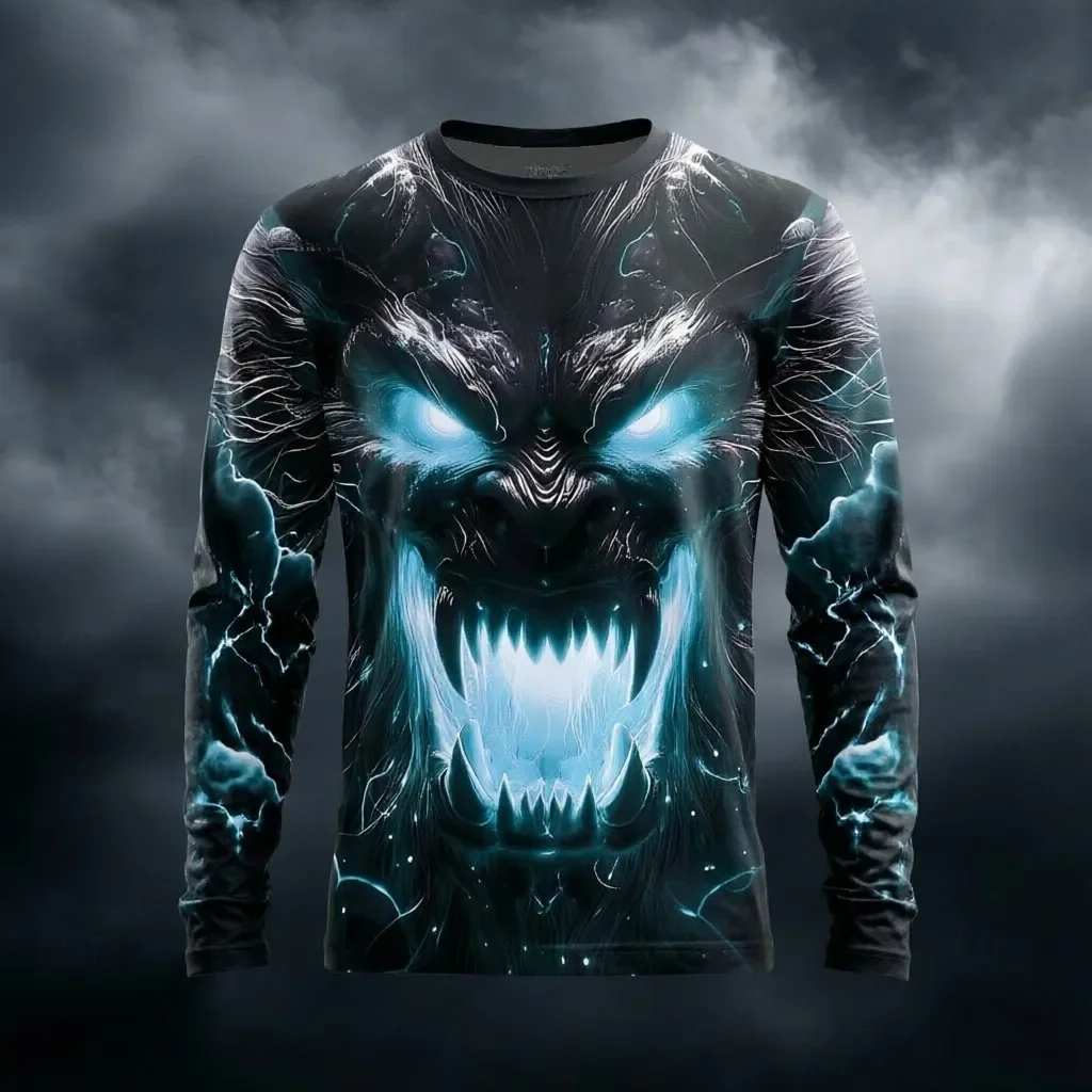Men Polyester Long Sleeve T-shirt 3D All Over Print Lightning Monster Beast Face Horror Graphic Casual Tee