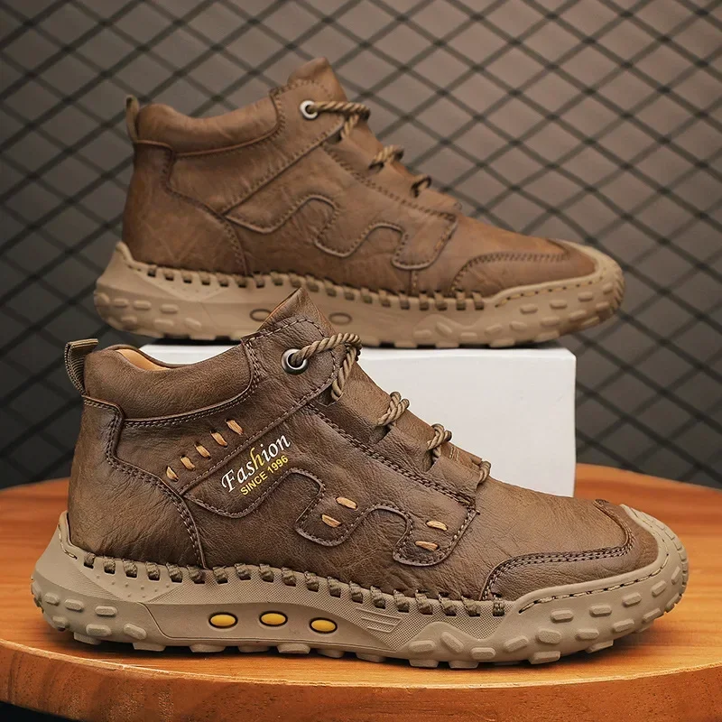 Botas de cuero de microfibra para hombre, zapatos de senderismo de alta calidad antideslizantes para deportes al aire libre, botines de felpa opcionales, talla grande 33, Invierno