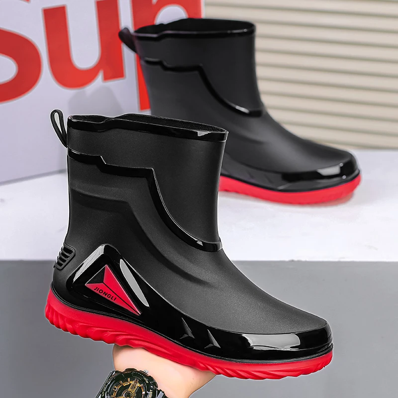 High-End Men's Rain Boots Waterproof Non-Slip Outdoor Delivery Rider Special Fishing Kitchen Work Boots Pure Color Shoes