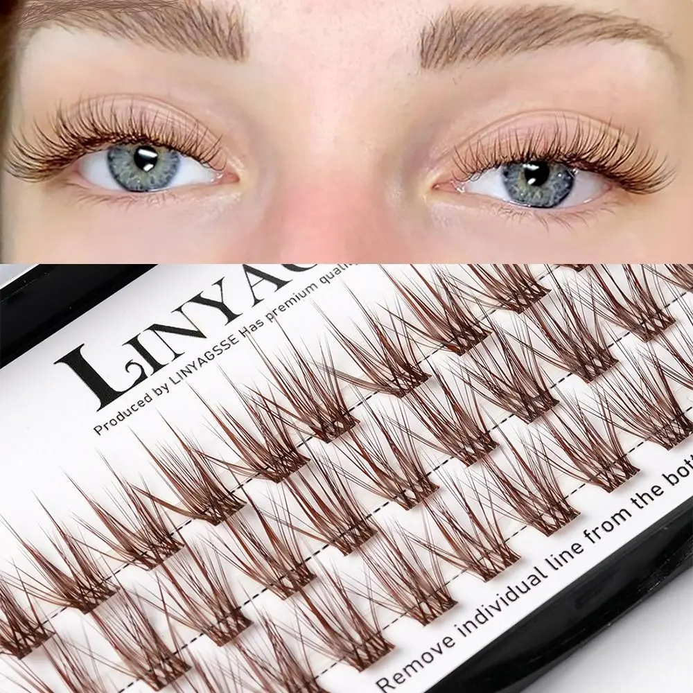 Clusters de cils bruns courbés en L, sans cruauté animale, 10~14MM, naturels, avec bande transparente, effet wispy, pour DIY