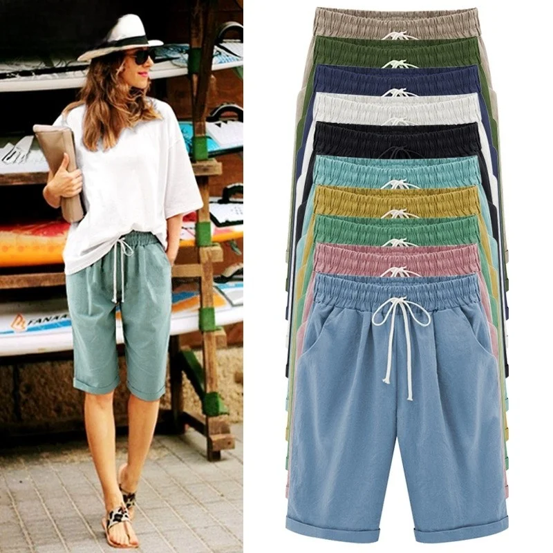 سراويل صيفية رفيعة متوسطة الطول مقاس كبير غير رسمية للنساء قابلة للتنفس وخفيفة الوزن بخمسة أرباع للسيدات