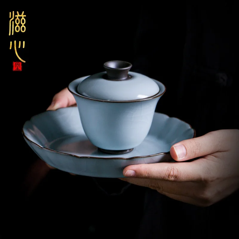 |bowl tea cup large tea making bowl Jingdezhen Ru porcelain handmade ceramic tea set is not hot and handmade high-grade