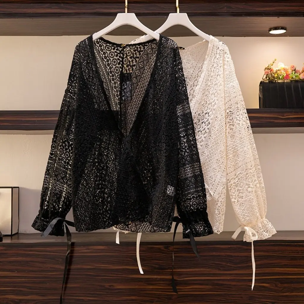 Deformed Summer Shawl with Sling Skirt Outer Lace Cardigan Blouse Women's plus size Thin Sunscreen Top