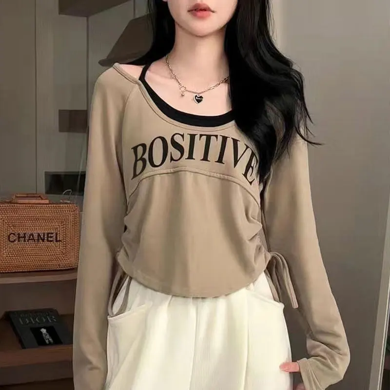 

Women's Clothing Letter Slim T-shirt Contrasting Colors Spliced Spring Autumn Long Sleeve Fashion Shirring Drawstring Pullovers