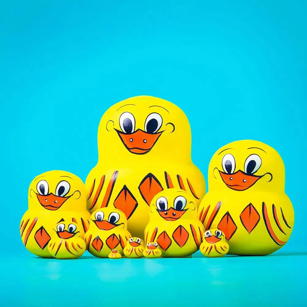 Bonecas de pato amarelo e pinguim para crianças e adultos, bonecas russas, artes pintadas à mão, brinquedos pintados à mão, artesanato de mesa, 10 camadas, G1E9