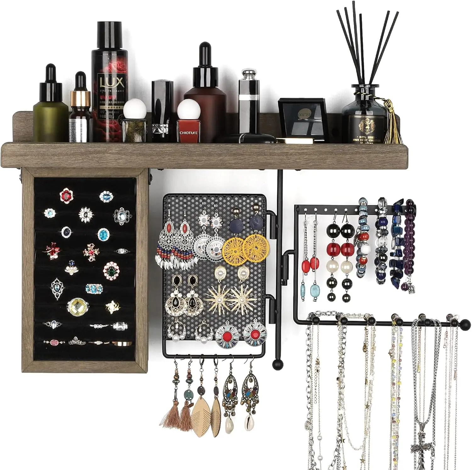 

Rustic Wood Wall Jewelry Organizer with Rotating Display for Rings, Earrings, Necklaces and Makeup
