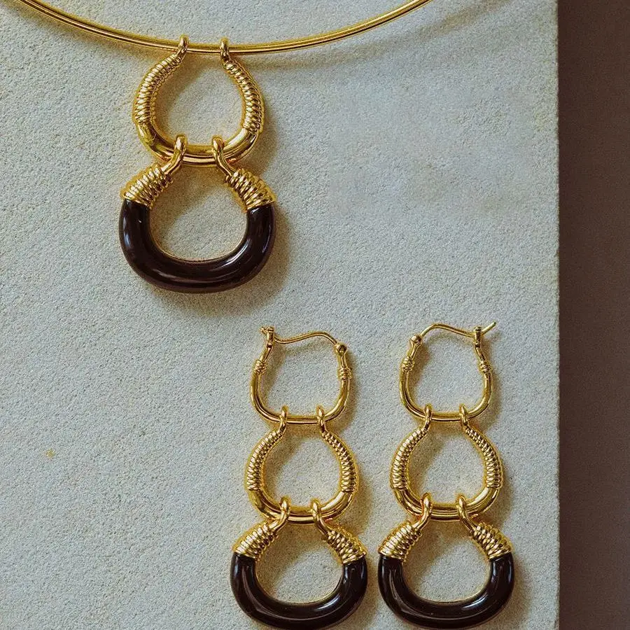 

Vintage Natural Black Agate Jewerly Set 18K Gold Filled Tri-hoops Drop Dangle Ear Buckle/8 Shape Pendant Choker Freeshipping