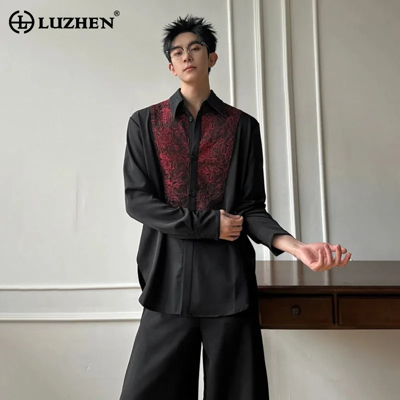 LUZHEN Long 2026 Spring Rose Pattern Color Contrast Patchwork Sleeve Shirts Men's Trendy Elegant Temperament Casual Tops JY8443