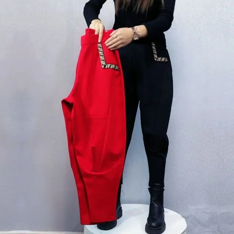 سراويل هارلان نسائية عالية الخصر مبطنة بالصوف فضفاضة غير رسمية متعددة الاستخدامات على الطراز الكوري سراويل فانوس ملابس عمل سر...