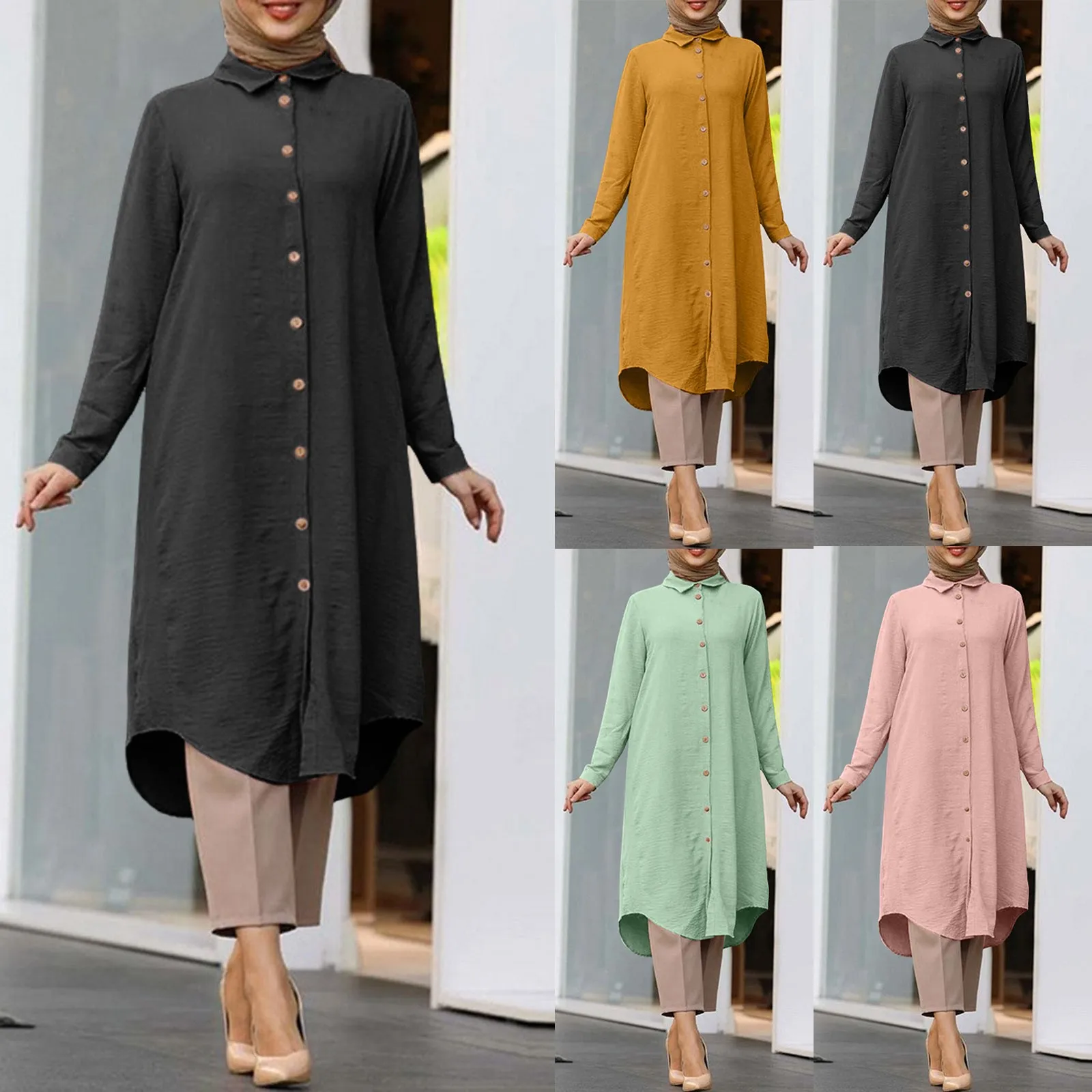 Muslim Solid Mid-Length Shirt Dress For Women Dubai Abaya Fashion Single-Breasted Long Shirt Top Turkey Arab Islam muslim tops