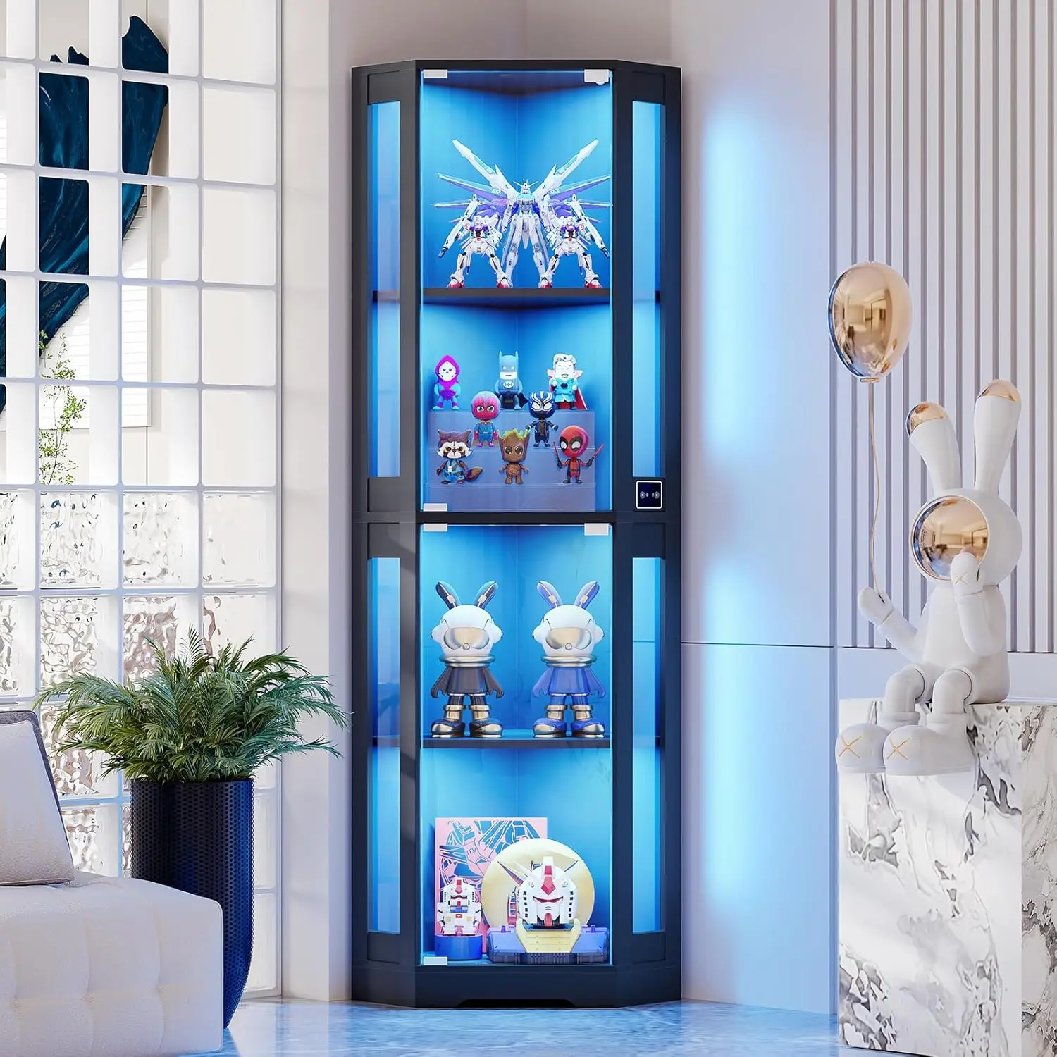 Armário de exibição de vidro de canto de 65" com luzes LED, vitrine de 4 camadas com portas de vidro e sensor de corpo humano, preto