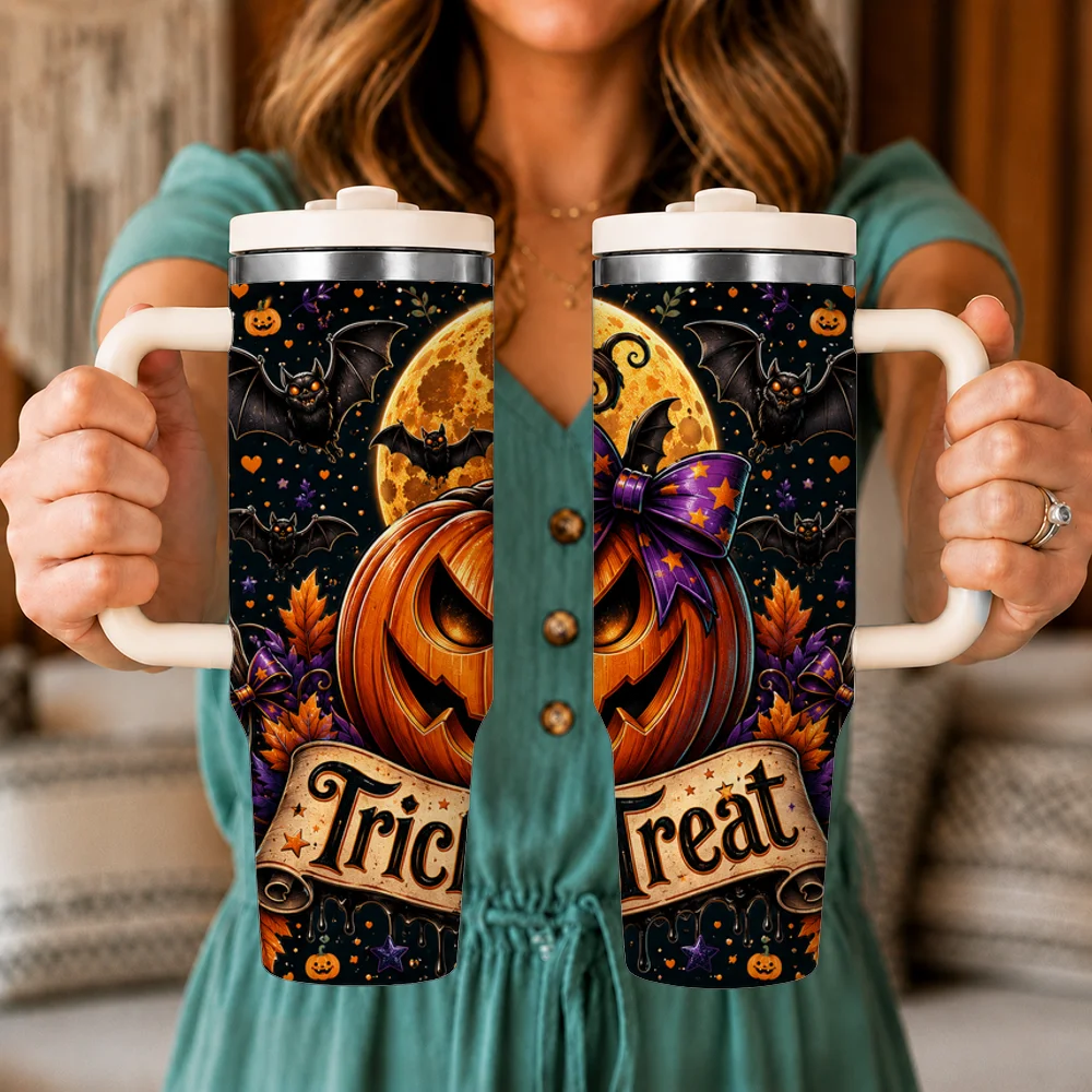 Horror Pumpkin Vacuum Flasks 40oz Leakproof Insulated Tumbler with Handle Straw Lid, Stainless Steel Travel Cup