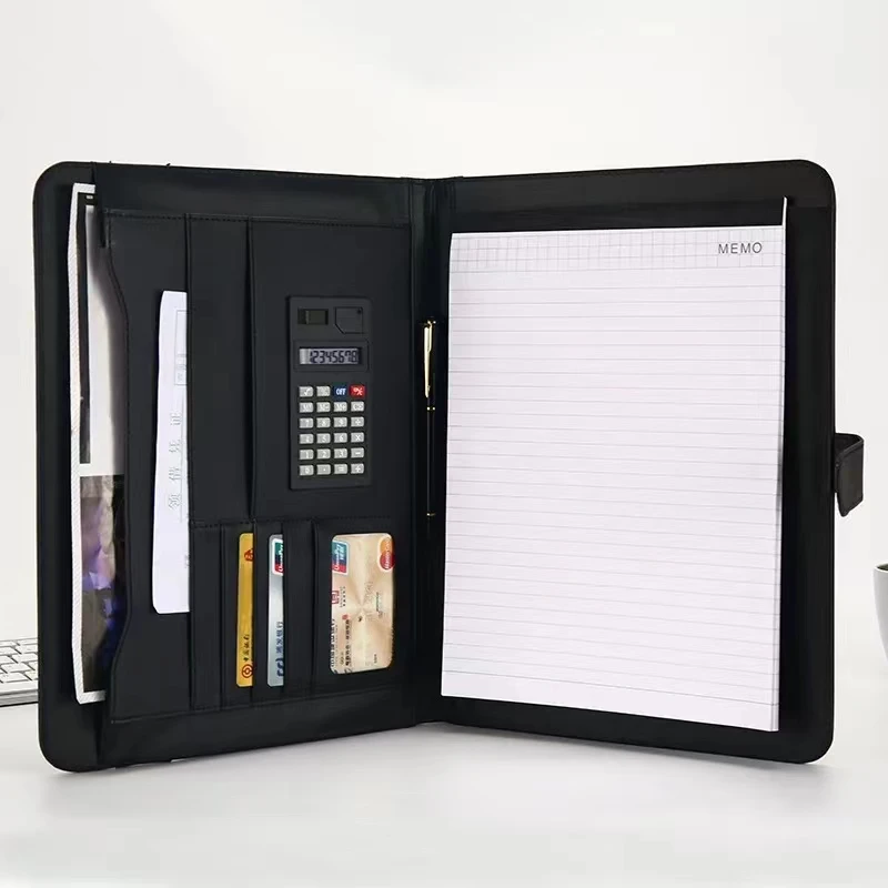 A4 Portable File Folder with Calculator Organizer Business Manager Office Document Pads Briefcase PU Leather Buckle Padfolio Bag