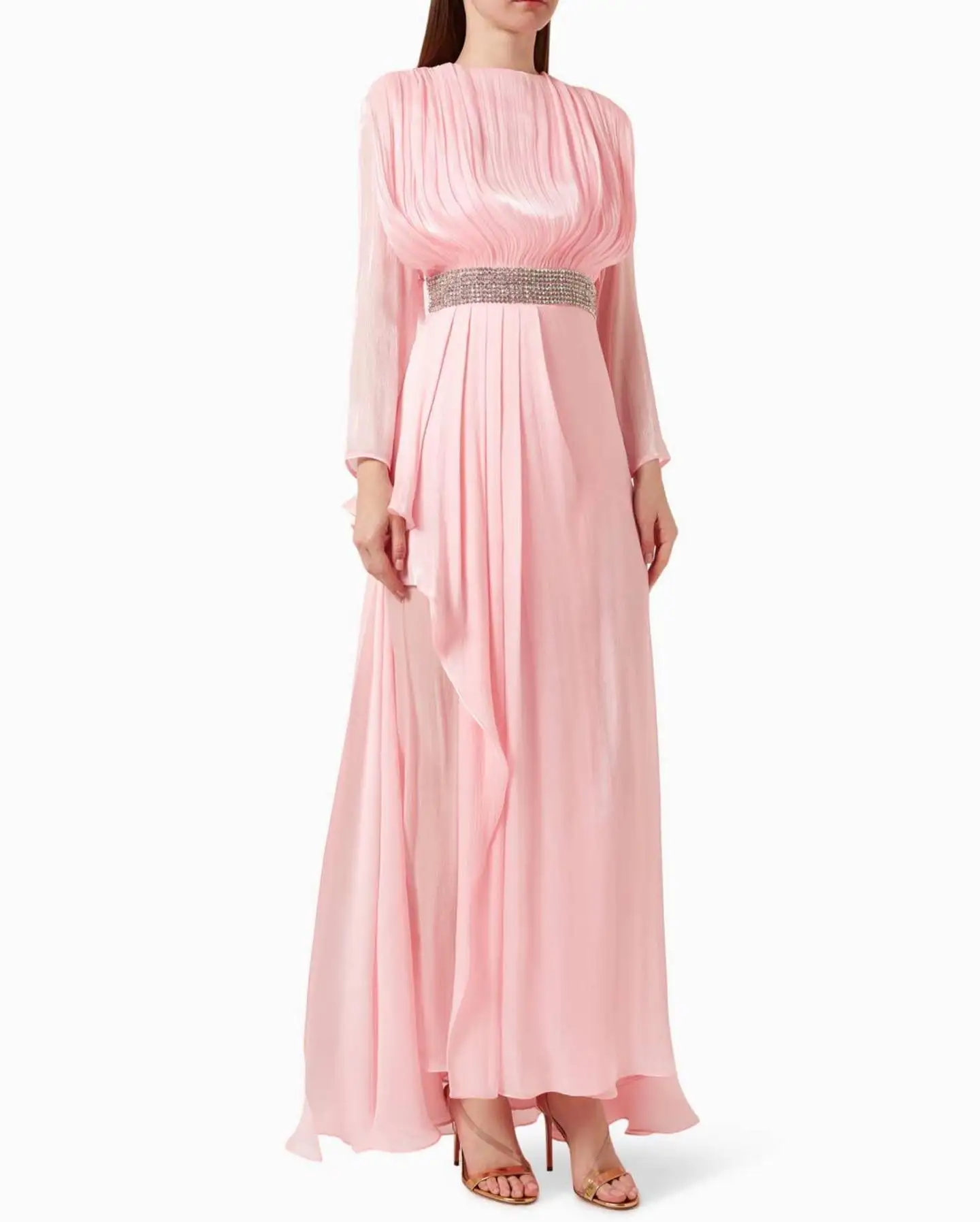 

Customized Classic Pleats Crystal Crew Neck Long Sleeves Evening Dress Graceful A-Line Satin Pink Party Gown vestidos para mujer