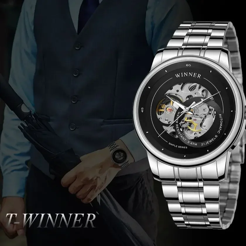 勝者-メンズ腕時計、クラシック、スケルトンデザイン、機械式、防水、自動巻き