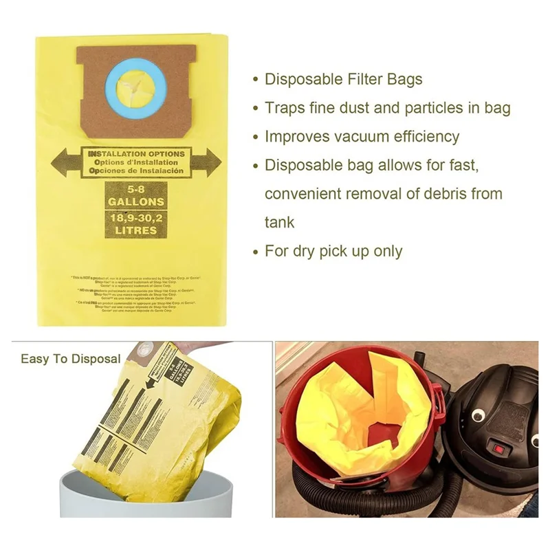 FGGS-لأكياس فلتر المكنسة Shopvac من النوع E للمكانس الكهربائية الجافة سعة 5-8 جالون - 9066100 90661 90671 9067100 مجموعة الغبار
