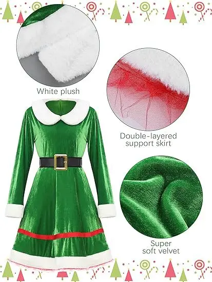 Robe Mère Noël en Velours avec Chaussettes Rayées et Bonnet de Lutin – photo 11