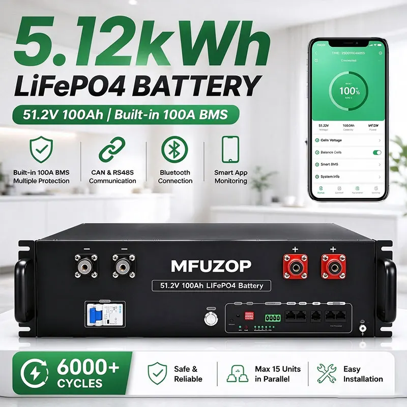 MFUZOP 51.2V 100Ah 5.12KWh LiFePO4 Battery Grade A Cells Built-In 100A BMS Soc 6000+Cycles Life US Warehouse Fast Delivery