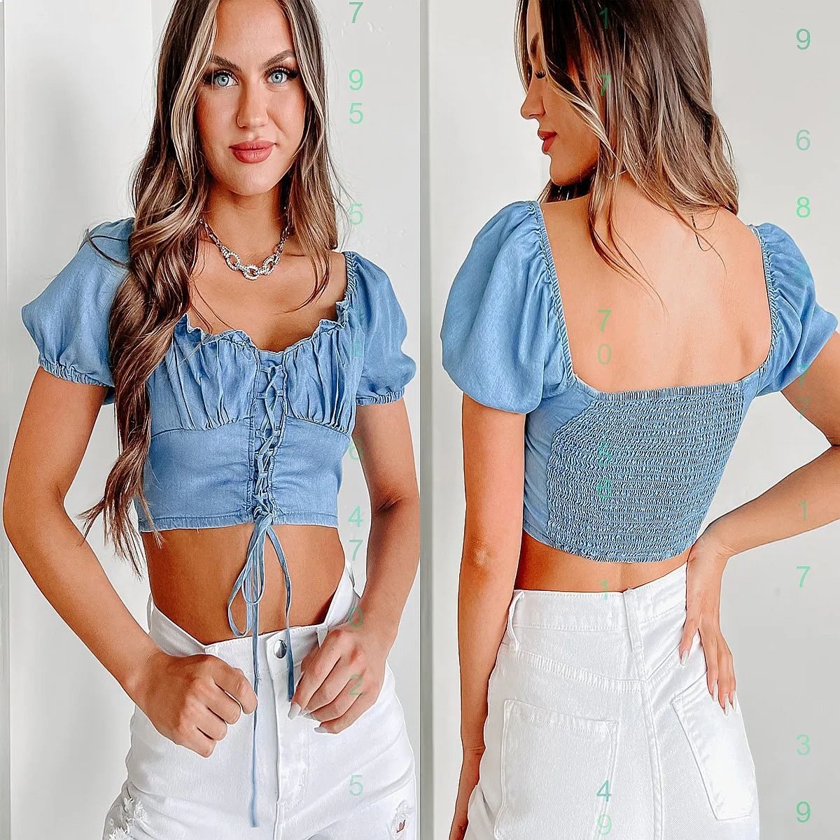 Sexy Jeansbluse mit Puffärmeln für Damen, Frühling/Sommer, eng anliegend, kurz geschnitten.