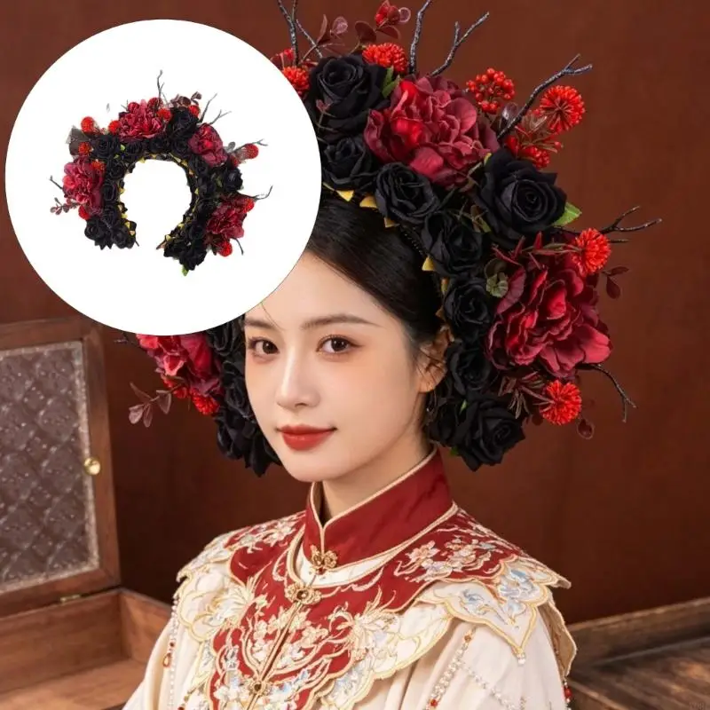 Barock Stil Blumen Stirnband mit Stoff Stoff Rosen für Frauen Gothic Hochzeit Haarschmuck Dunkelschwarz Rot Y08E – Detail 9